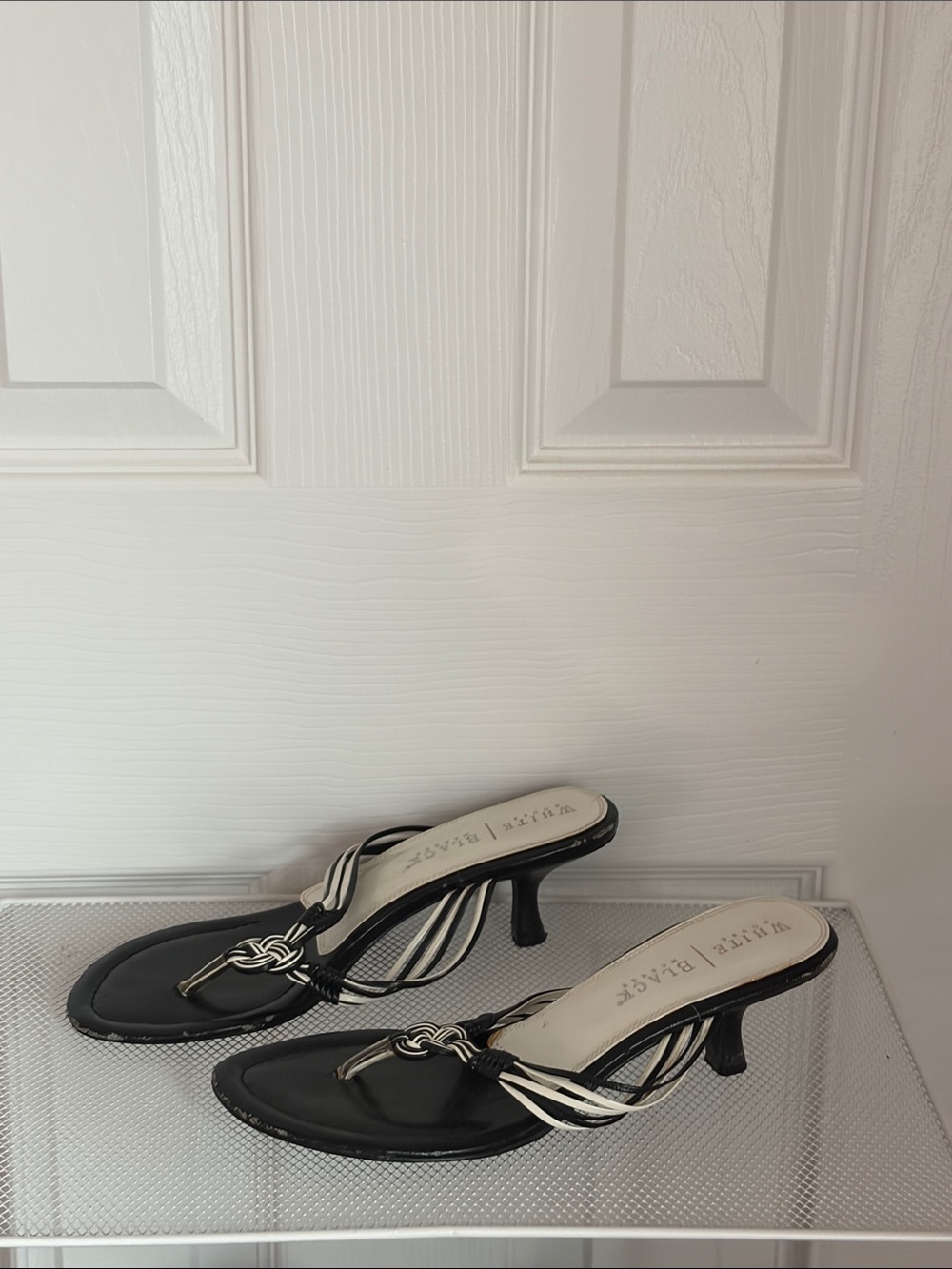 White House Black Market Black and White Strappy Kitten Heel Sandals
